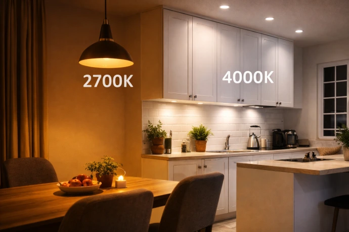 Змішане освітлення кухня 2700K 4000K приклад зонального освітлення Змішане освітлення на кухні 2700K і 4000K