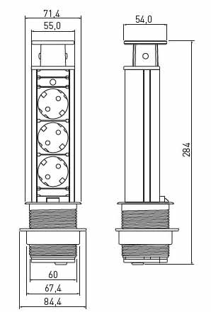 Подовжувач GTV висувний врізний прихований d60mm, 3 гнізда schucko (AE-BPW3S60-80)