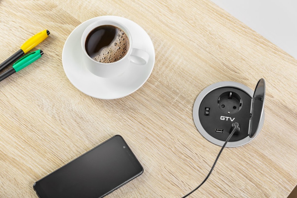 Подовжувач GTV для офісу (врізний) CHARGER, 1 розетка schucko, 2xUSB 5V 2A, кабель 1,5м (AE-BPW1S2UCH-80)