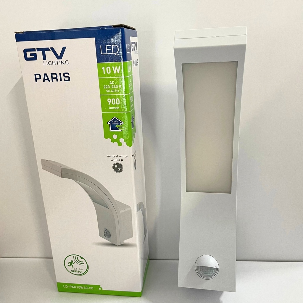 Світильник 10W настінний фасадний GTV LED PARIS з датчиком руху, IP54, 9m, 4000K, білий