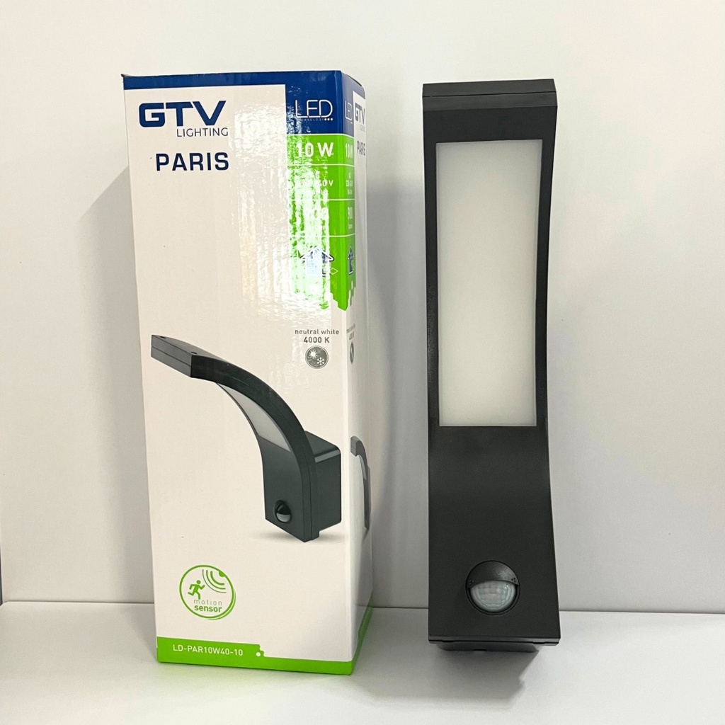Світильник 10W настінний фасадний GTV LED PARIS з датчиком руху, IP54, 9m, 4000K, чорний