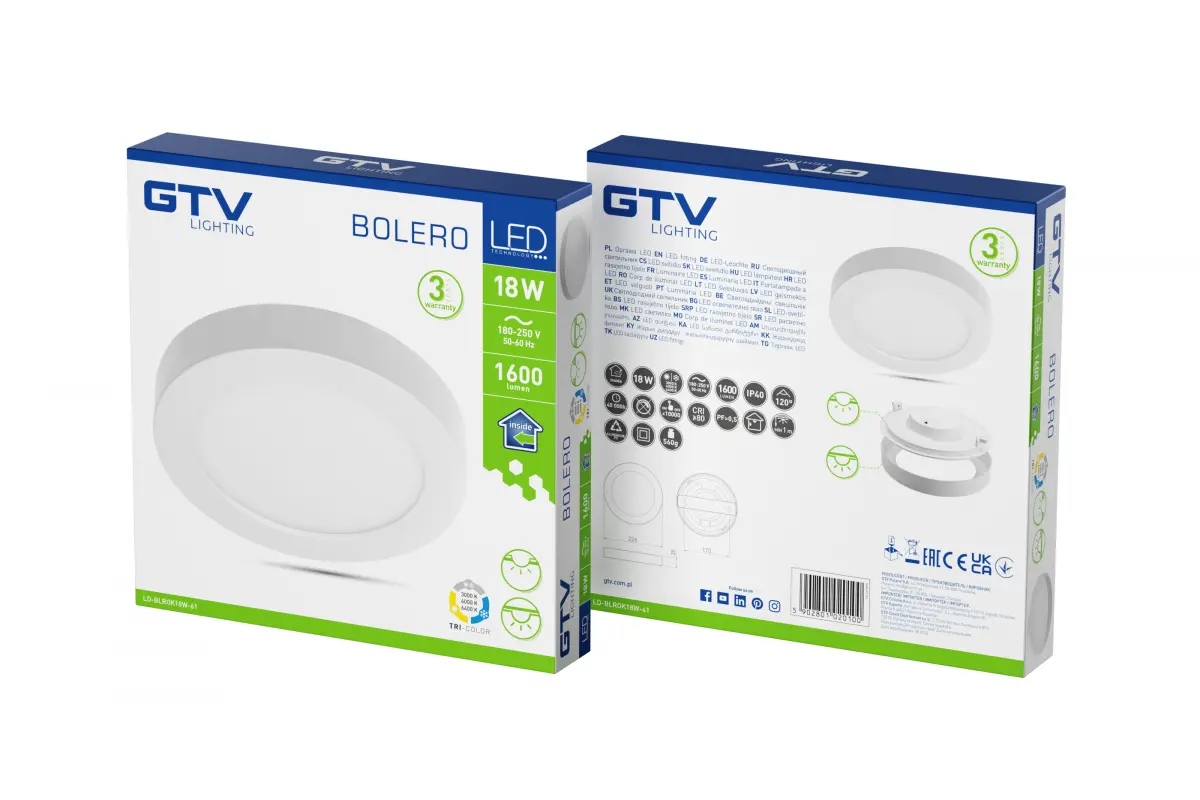 Світлодіодний світильник GTV BOLERO, 18W, 1600Lm, AC175-250V, 50/60 Hz, PF>0,5, RA>80, IP40, кут розсіювання 120°, 6в1