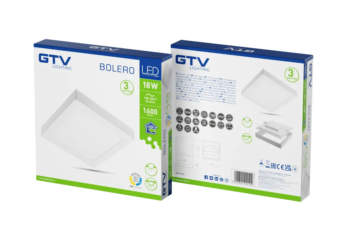 Світлодіодний світильник GTV BOLERO, 18W, 1600Lm, AC175-250V, 50/60 Hz, PF>0,5, RA>80, IP40, кут розсіювання 120°, 6в1
