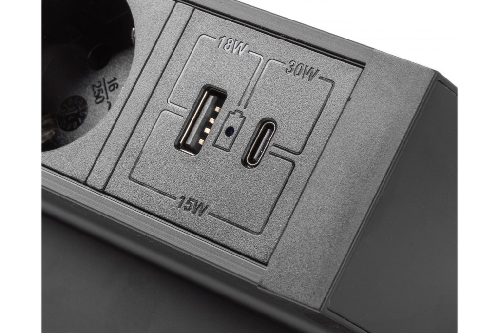 Меблева розетка GTV BASCO, 3хSHUKO, USB A+C, кабель 1.5 м, чорний