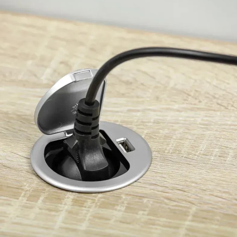 Меблева розетка GTV CHARGER MINI, Ø60 мм, 1хSHUKO, 1xUSB-A 2.4A, кабель 1.9 м, алюміній