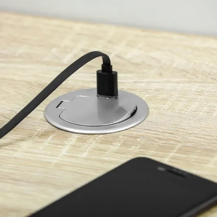 Меблева розетка GTV CHARGER MINI, Ø60 мм, 1хSHUKO, 1xUSB-A 2.4A, кабель 1.9 м, алюміній