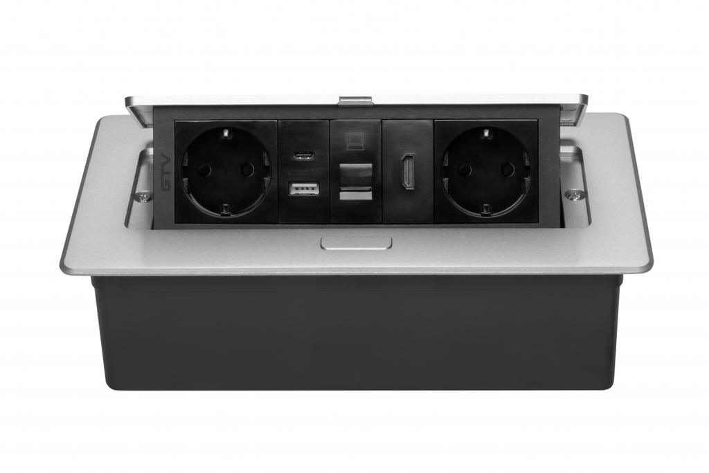 Меблева розетка GTV MULTISOFT, 2хSHUKO, USB A+C, RJ45, HDMI кабель 1.5 м, алюміний