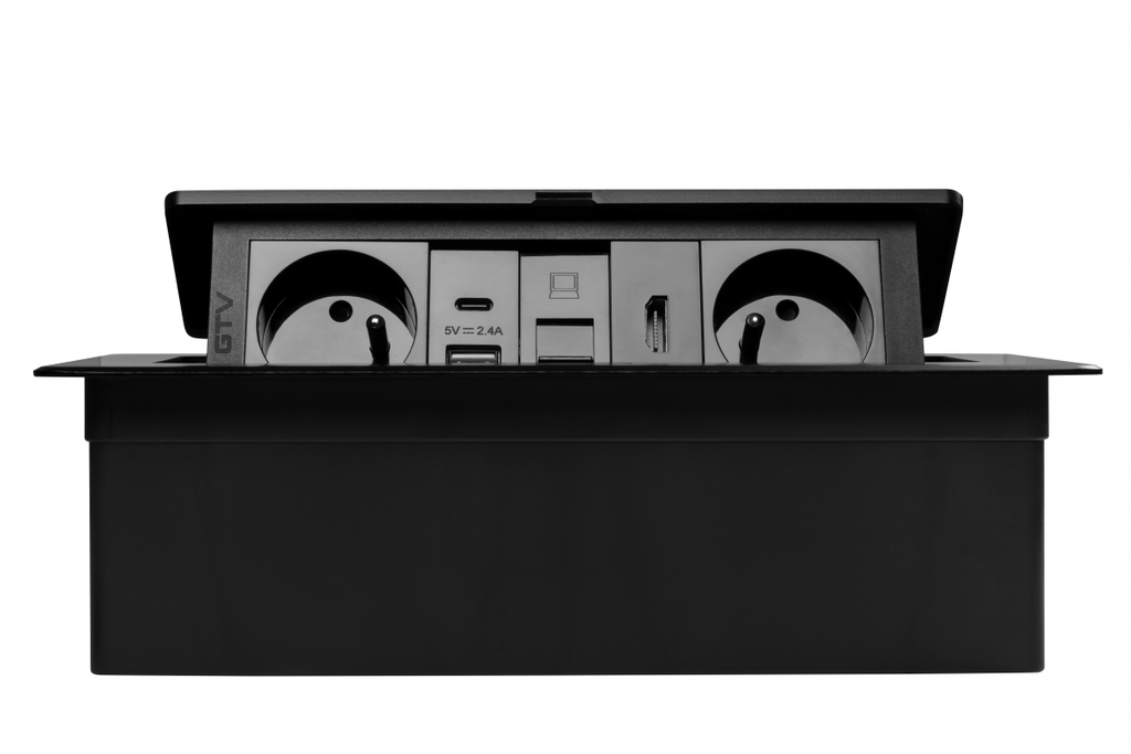 Меблева розетка GTV MULTISOFT, 2хSHUKO, USB A+C, RJ45, HDMI кабель 1.5 м, чорний
