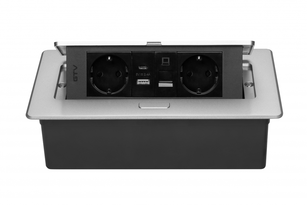 Меблева розетка GTV MULTISOFT, 2хSHUKO, USB A+C, RJ45, кабель 1.5 м, алюміний