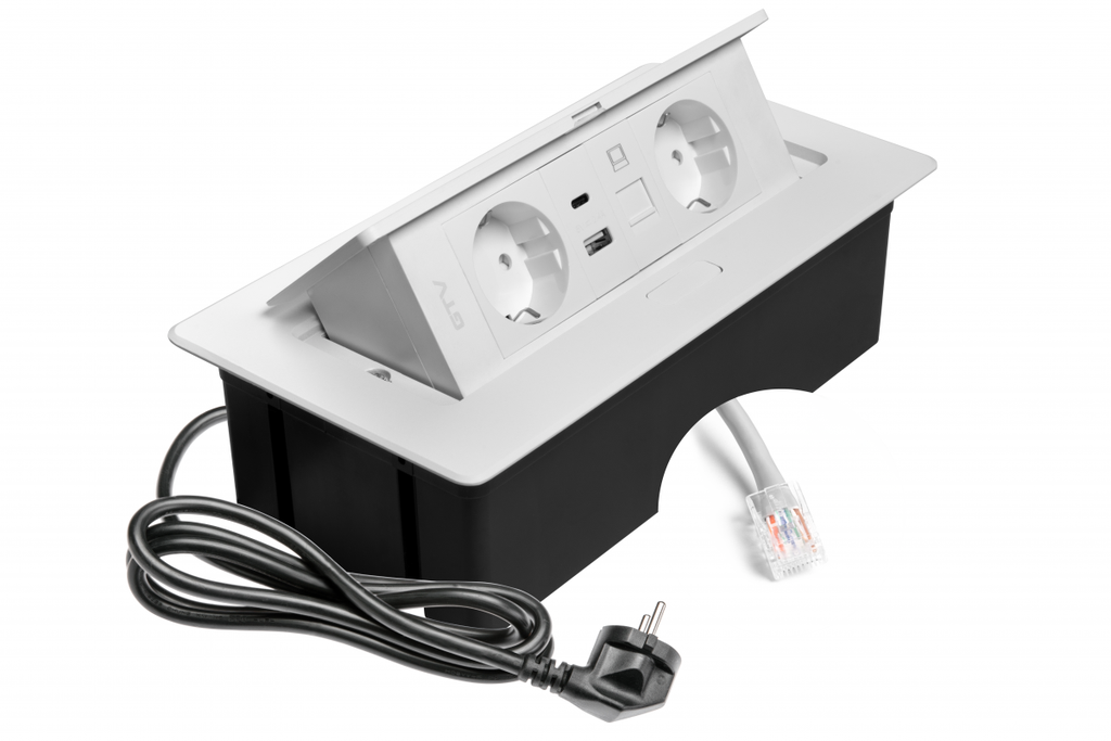 Меблева розетка GTV MULTISOFT, 2хSHUKO, USB A+C, RJ45, кабель 1.5 м, білий