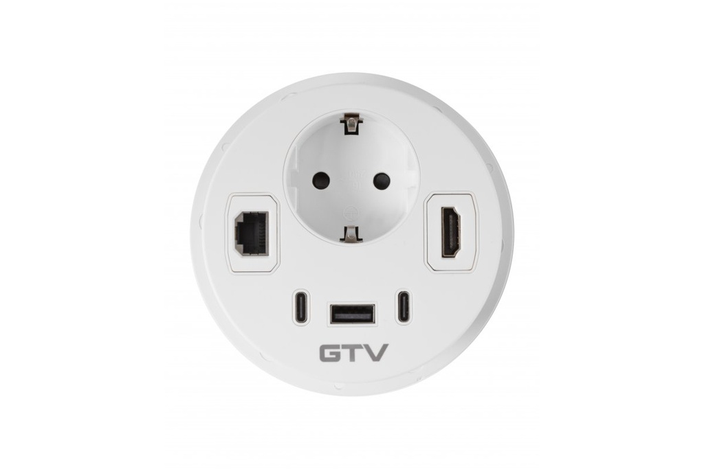 Меблева розетка GTV RONDO, 1хSHUKO, 1xUSB-A, 2xUSB-C, HDMI, RJ45 кабель 1.5 м, білий
