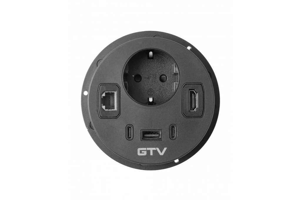 Меблева розетка GTV RONDO, 1хSHUKO, 1xUSB-A, 2xUSB-C, HDMI, RJ45 кабель 1.5 м, чорний