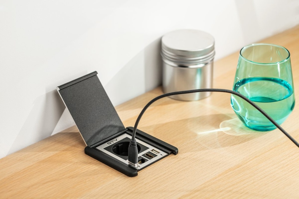 Подовжувач GTV врізний квадратний FLIP, 1xSCHUKO, 2xUSB A, 1xRJ45, 1xHDMI, кабель з вилкою 1,5м, чорний (AE-GM1SFLI-20)