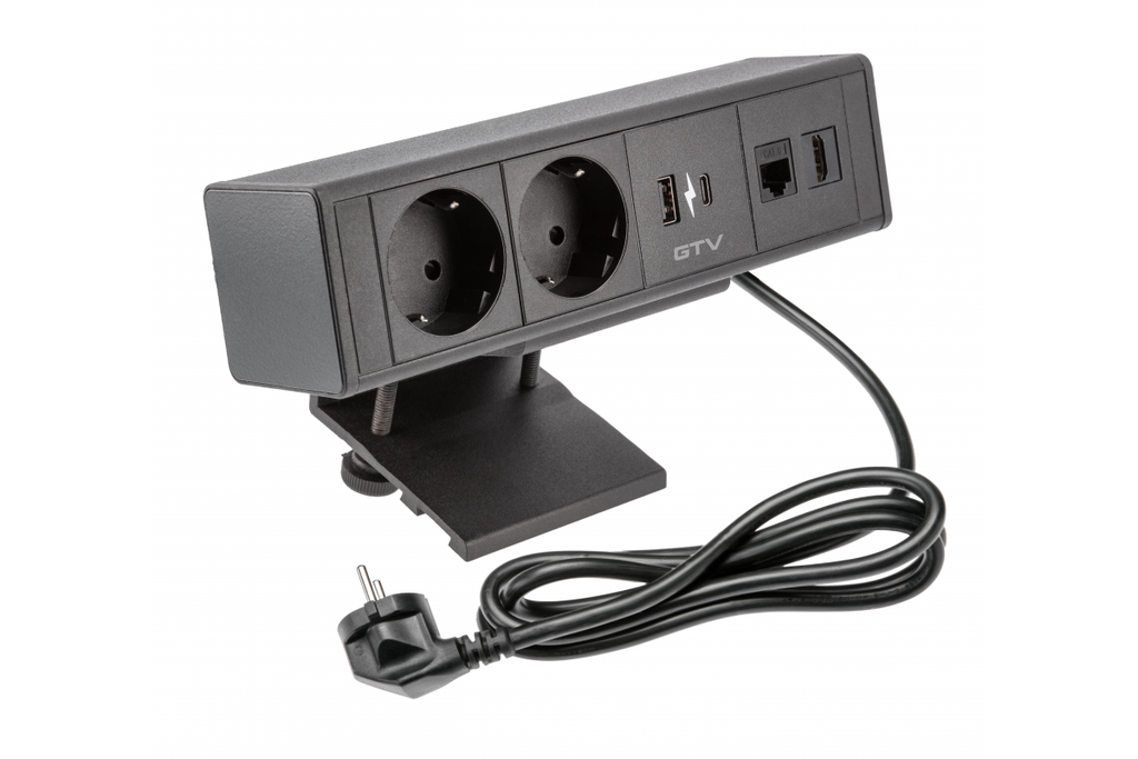 Подовжувач GTV прямокутний накладний BAR, 2xSCHUKO, 1xUSB A, 1xTYPE-C, 1xRJ45, 1xHDMI, кабель з вилкою 1,5м, чорний (AE-GM2SBAR-20)