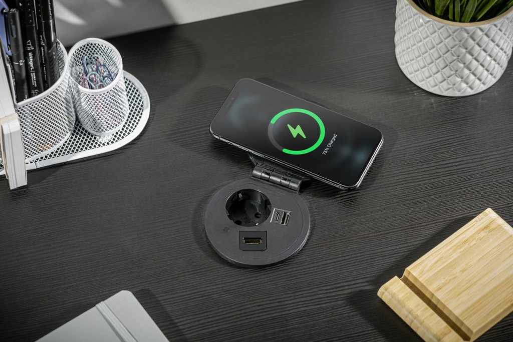 Подовжувач вбудований GTV CHARGER PLUS індукційна зарядка , 1 роз. schuko, USB A+C, HDMI, RJ45, 1,5 м, чорний