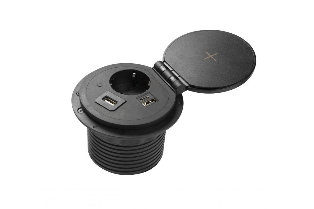 Подовжувач вбудований GTV CHARGER PLUS індукційна зарядка , 1 роз. schuko, USB A+C, HDMI, RJ45, 1,5 м, чорний