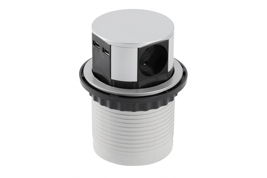 Подовжувач врізний в стіл GTV AE-BPW3S100U-53 COMFORT, 3xSCHUKO, 2xUSB 5V 2.4A, алюміній, кабель 1.5м