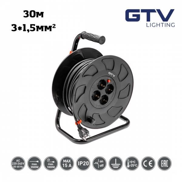 Подовжувач на котушці GTV, 30м, 3х1,5мм², 4 гнізда з заземленням, IP20