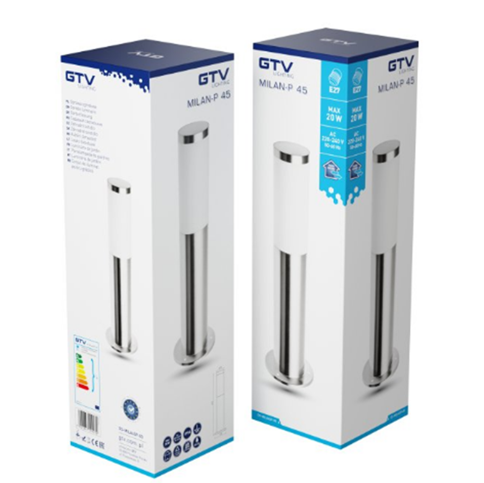 Світильник садовий GTV MILAN-P 45, E27, max.20W, IP54, стовпчик, інокс