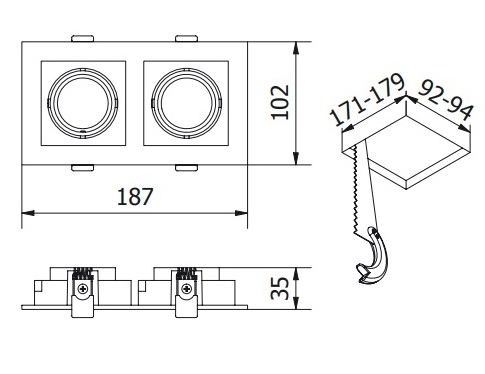 Світильник точковий GTV RUBIO, 187x102mm, IP20, квадратний, подвійний, чорний (пластик) (OP-RUBIOKW2-00)