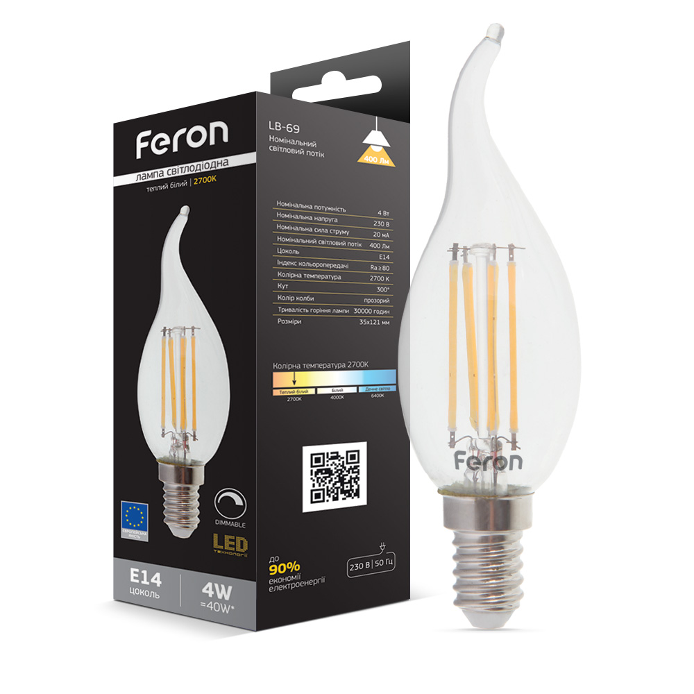 [4971] Світлодіодна лампа Feron Filament LB-69 4Вт E14 2700K свічка на вітрі