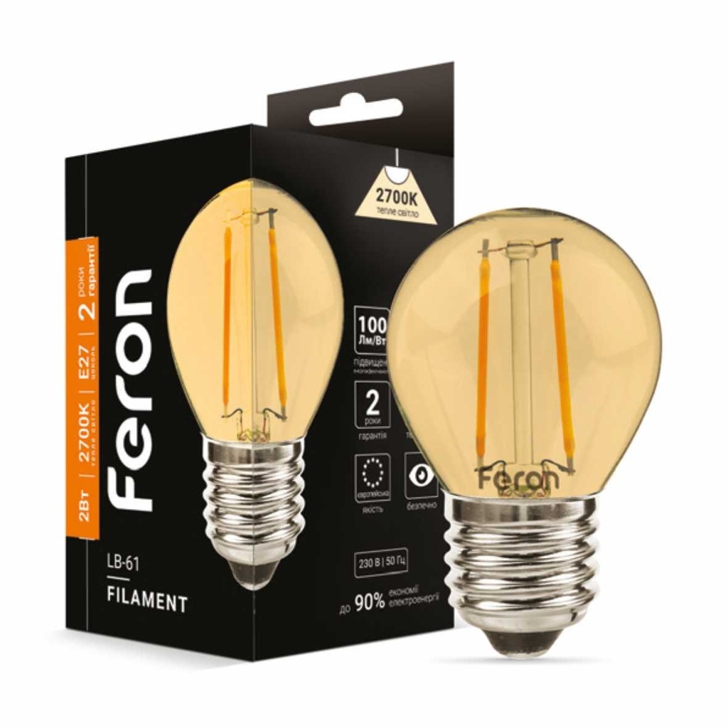 [7513] Світлодіодна лампа Feron Filament LB-61 2Вт E27 2700K золото