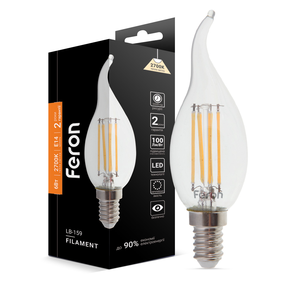 [5238] Світлодіодна лампа Feron Filament LB-159 6Вт E14 2700K свічка на вітрі