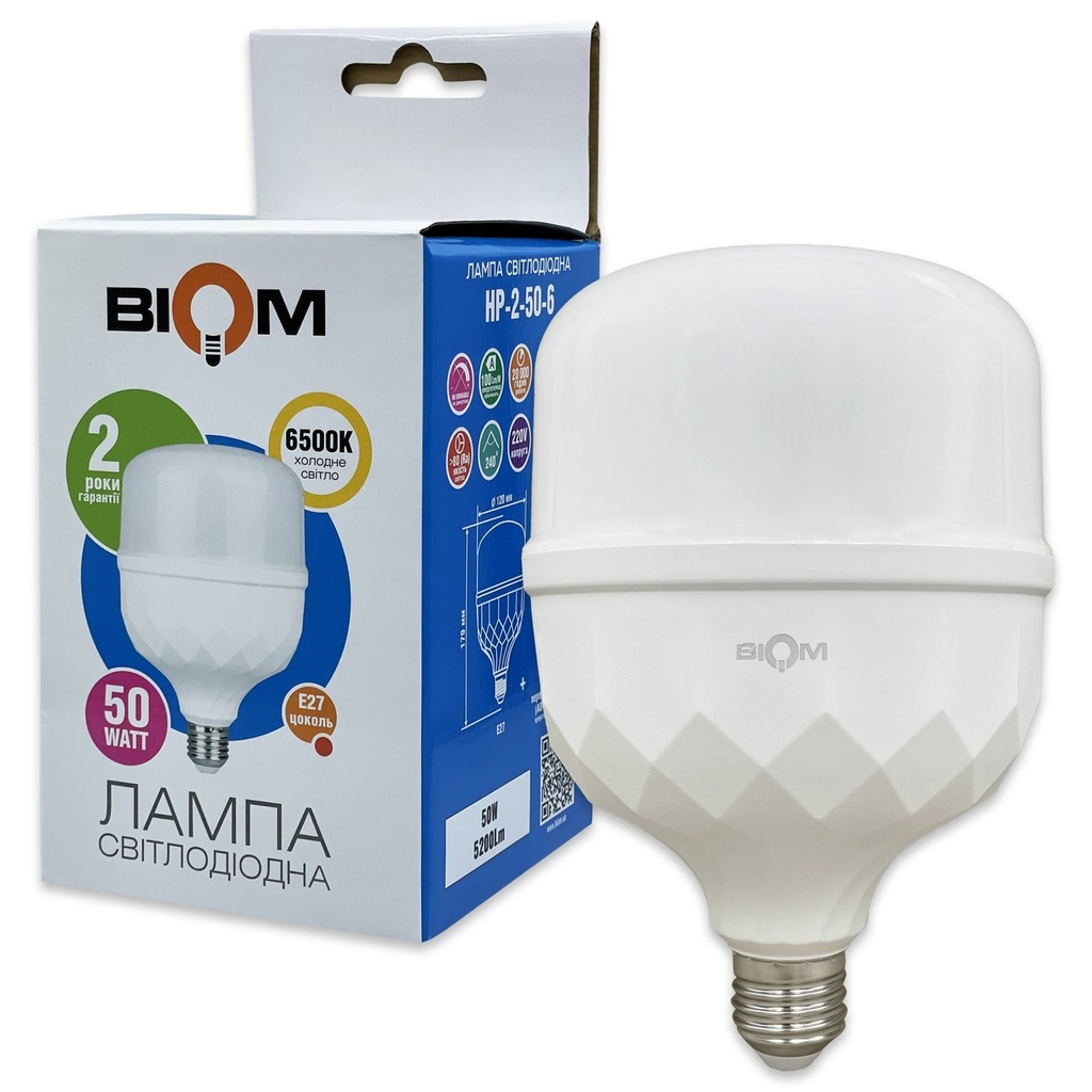 Світлодіодна лампа BIOM HP-2-50-6 T120 50W E27 6500К