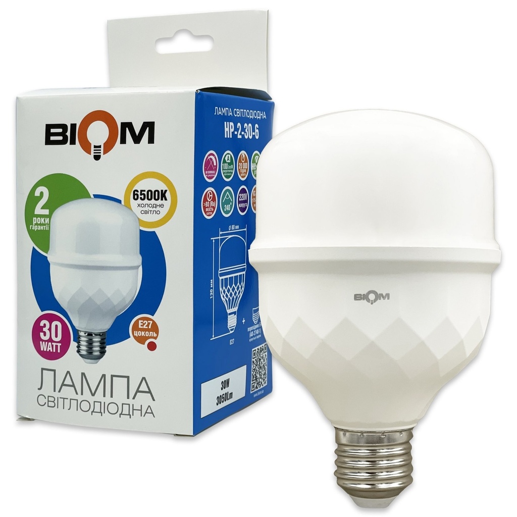 Світлодіодна лампа Biom HP-2-30-6 T80 30W E27 6500К