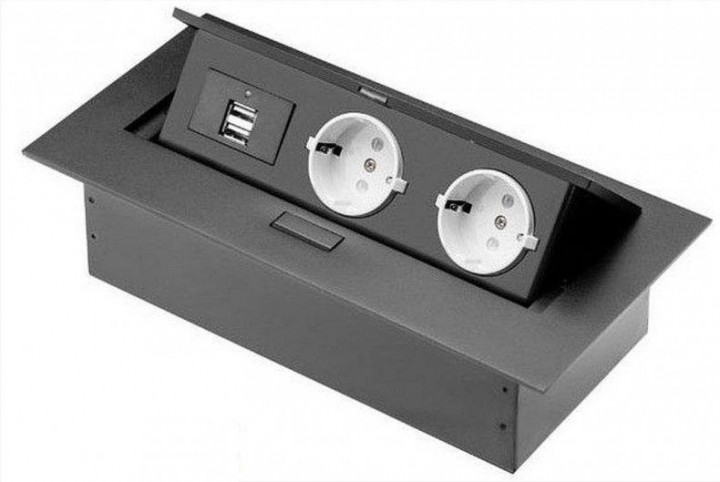 Подовжувач GTV для офісу врізний в стіл 2xрозетка Schucko, 2xUSB, без кабелю, чорний (AE-PBU02GS-20)