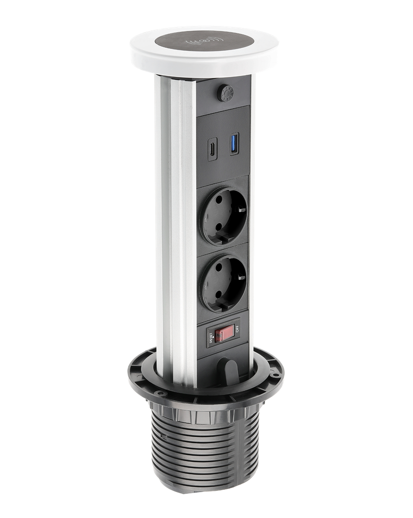 [6_20871] Подовжувач вбудований GTV CAMINO, індукційна зарядка, 2x роз. schuko, USB A+C 10W, 1,5 м, білий