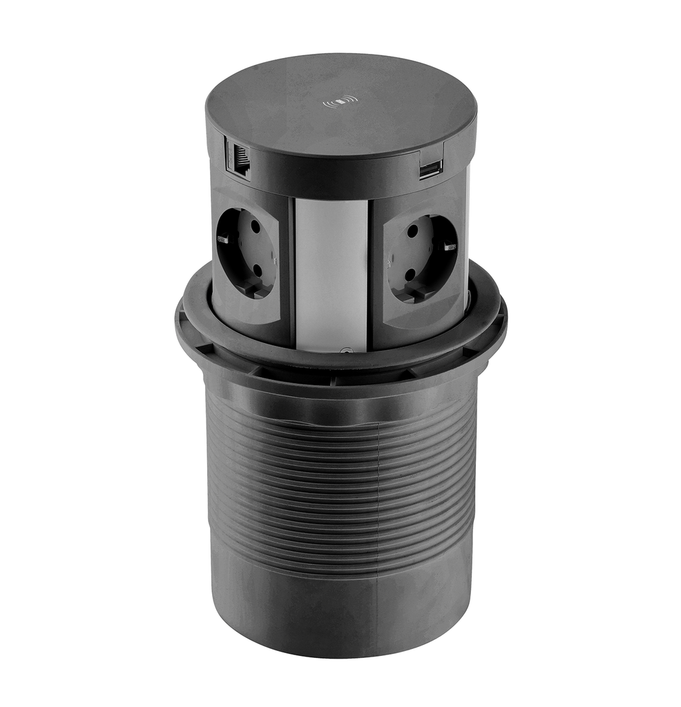 Подовжувач врізний GTV COMFORT PLUS індукційна зарядка, 4x роз. schuko, 2xUSB, 2xRJ45, 5W, 1,5м, чорний