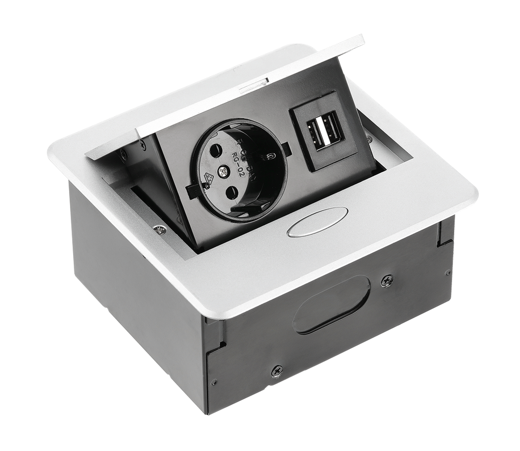 [6_20877] Подовжувач вбудований GTV AVARO, 1x розетка schuko, 2xUSB тип A, 1,5 м, срібний