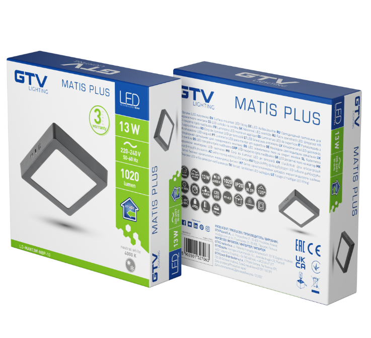Світильник LED GTV MATIS PLUS, 13W, 1120°, 4000K, IP20, накладний, чорний (LD-MAN13W-NBP-10)