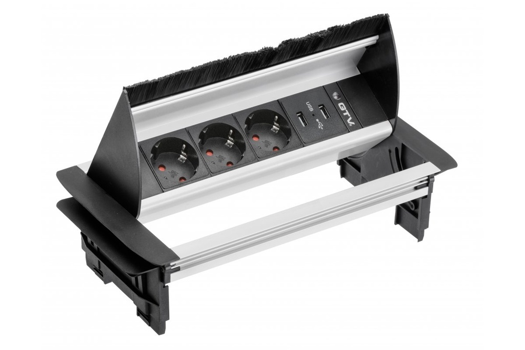 Подовжувач настільний GTV без нижнього корпусу 3x гн. schucko, 2xUSB C, інокс, з кабелем 1,5 метра та вилкою