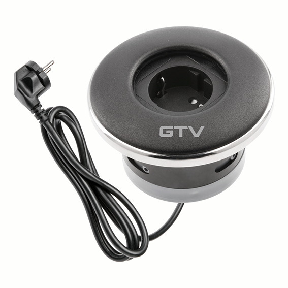 [6_22090] Подовжувач GTV круглий врізний SHUTTER, 1xSCHUKO, кабель з вилкою 1,5м, чорний (AE-GM1SSHU-20)