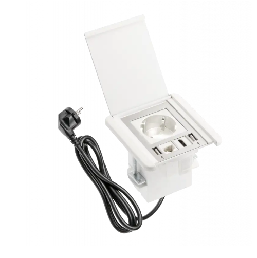 [6_22091] Подовжувач GTV врізний квадратний FLIP, 1xSCHUKO, 2xUSB A, 1xRJ45, 1xHDMI, кабель з вилкою 1,5м, білий(AE-GM1SSLI-10)