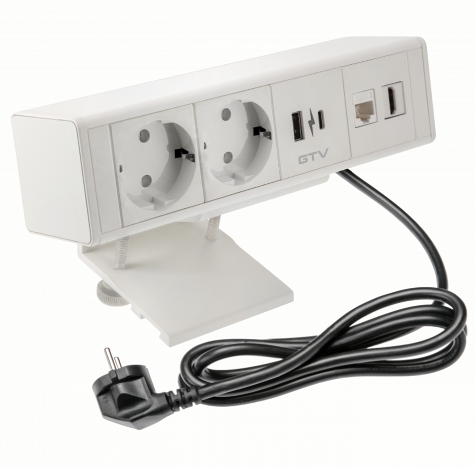 Подовжувач GTV прямокутний накладний BAR, 2xSCHUKO, 1xUSB A, 1xTYPE-C, 1xRJ45, 1xHDMI, кабель з вилкою 1,5м, білий (AE-GM2SBAR-10)