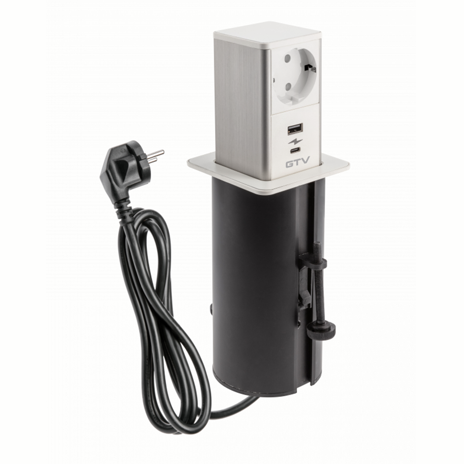 [6_22094] Подовжувач GTV врізний-висувний квадратний TOWER, 1xSCHUKO, 1xUSB A, 1xTYPE-C, кабель 1,5м, білий/інокс (AE-GMW1STOW-10)