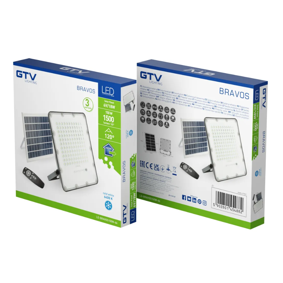 Прожектор GTV BRAVOS, сонячна панель, 150W, 6400K, IP65, 120°, на пульті (LD-BRAVOS150W-64)