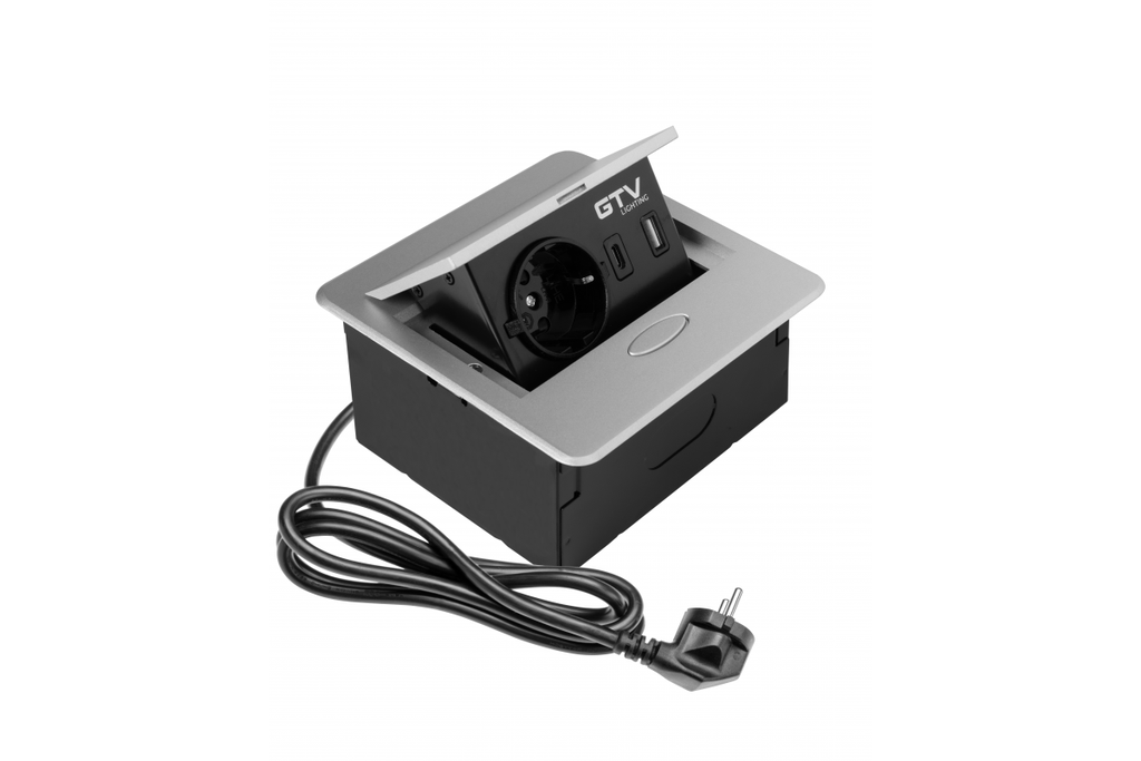 [6_26251] Вбудована меблева розетка GTV AVARO, 1x розетка Schuko, USB A+C, кабель 1,5 м, срібний (AE-PB1SAVA-53N)