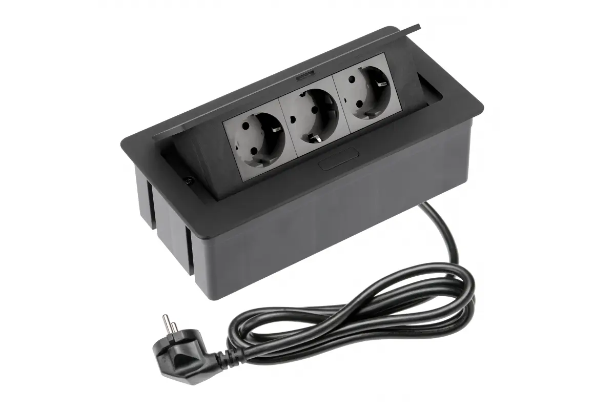 [6_27220] Розетка меблева GTV SOFT 3xSchuko, кабель живлення з вилкою, чорна, НОВА ПАНЕЛЬ (AE-PBSC3GS-20NN)