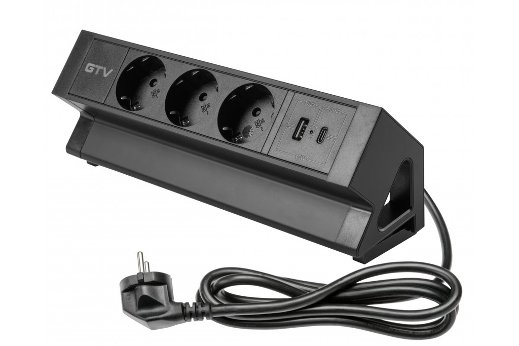 Меблева розетка GTV BASCO, 3хSHUKO, USB A+C, кабель 1.5 м, чорний