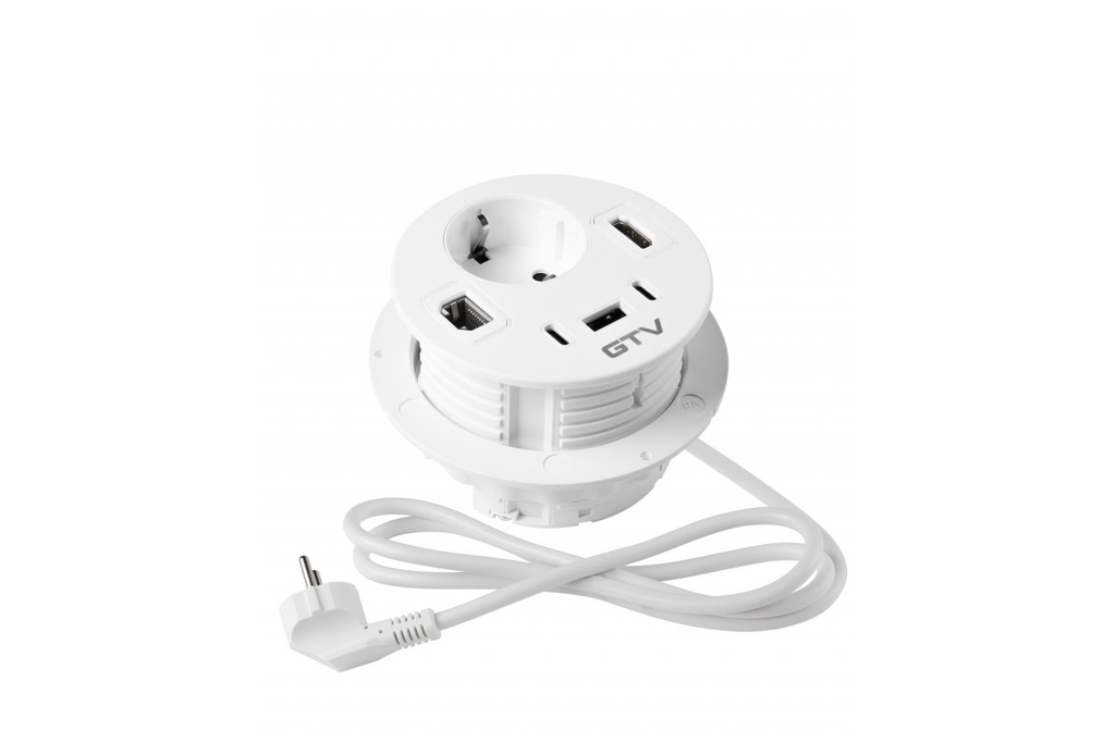 [6_27816] Меблева розетка GTV RONDO, 1хSHUKO, 1xUSB-A, 2xUSB-C, HDMI, RJ45 кабель 1.5 м, білий