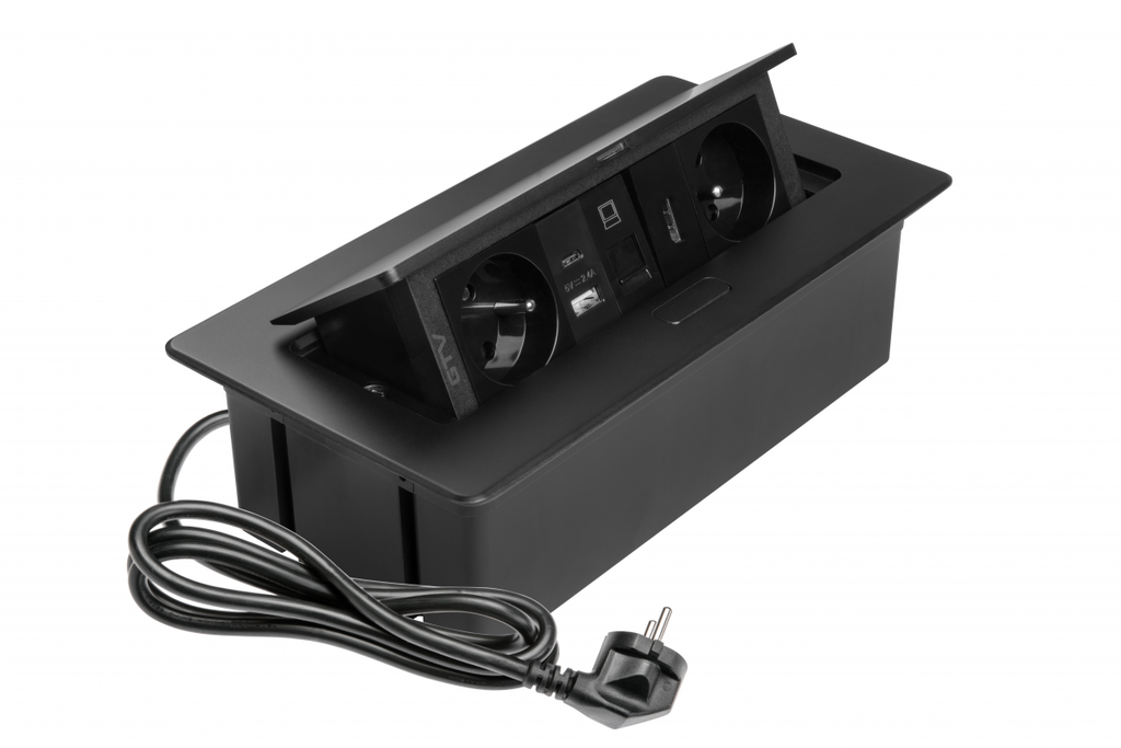 [6_27830] Меблева розетка GTV MULTISOFT, 2хSHUKO, USB A+C, RJ45, HDMI кабель 1.5 м, чорний