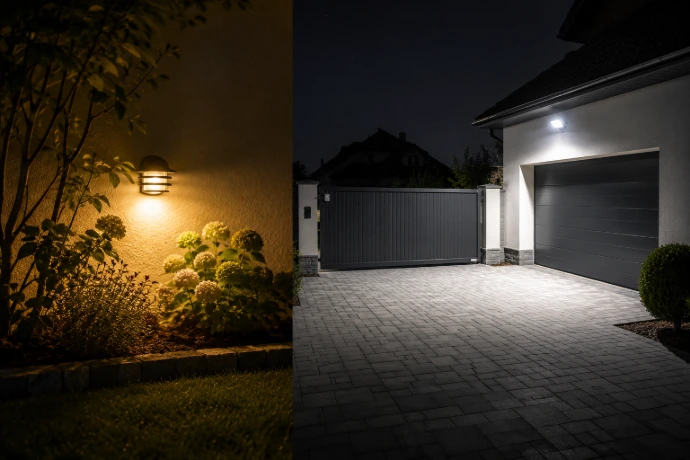 Порівняння: декоративний настінний світильник (розсіяне світло) vs LED прожектор (спрямоване яскраве освітлення двору)