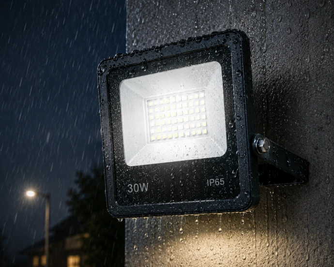 Вуличний LED прожектор під дощем — демонстрація IP65 захисту від вологи