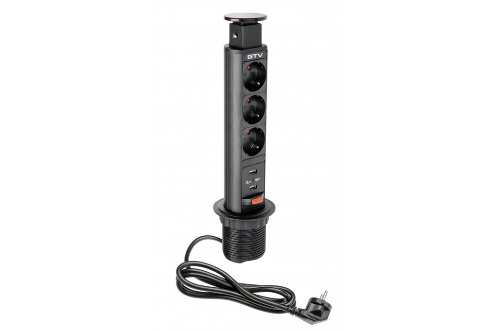 Подовжувач врізний в стіл GTV AE-BPW3S60U-20, 60мм, 3 x гнізда SCHUCKO, 2xUSB 2,1A 5V, чорний