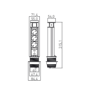 Подовжувач врізний в стіл GTV AE-BPW3S60U-80, 60мм, 3 x гнізда SCHUCKO, 2xUSB 2,1A 5V, срібний