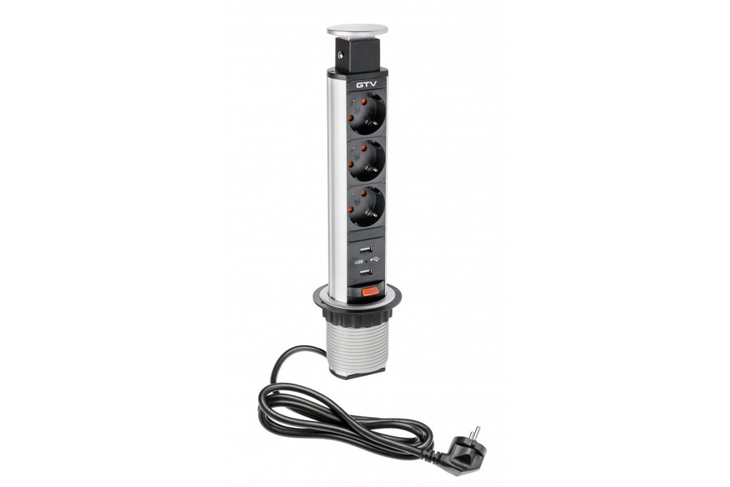 Подовжувач врізний в стіл GTV AE-BPW3S60U-80, 60мм, 3 x гнізда SCHUCKO, 2xUSB 2,1A 5V, срібний